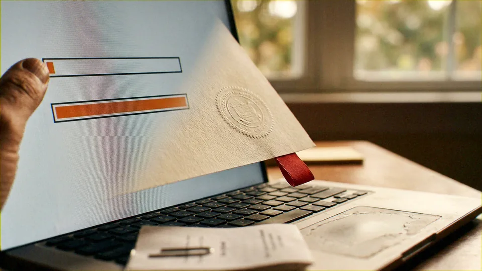 An individual user (visible hand at the screen), a laptop-based digital system displaying progress/status bars, and an official issuing authority represented by the embossed seal and red ribbon on the paper document. The user is obtaining or verifying an officially sealed.