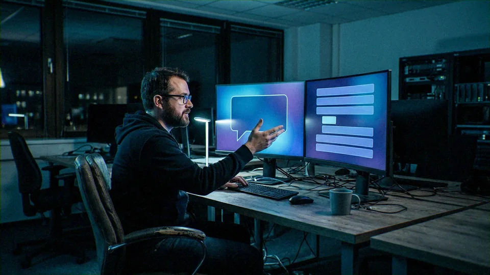 A human operator (developer or tester) and a digital conversational interface (AI/chatbot system). The human is actively interacting with, designing, or evaluating the digital system's user interface and functionality. Technology, specifically Software Development or Artificial.