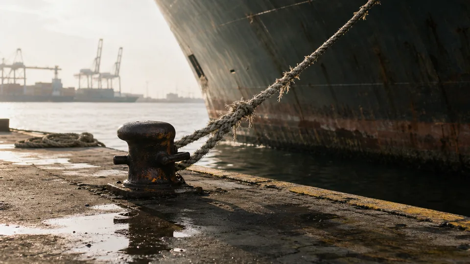 A thick frayed mooring rope ties a rusted ship's hull to a bollard on a wet concrete dock, with harbor cranes across the water.