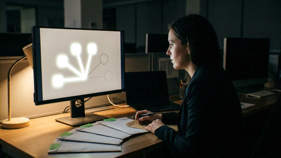['Individual analyst (female professional in business attire)', 'Digital network visualization system (hub-and-spoke node diagram on monitor)', 'Physical documentary evidence (tagged envelopes and documents)']. Cross-referential investigation — the analyst is correlating digital.