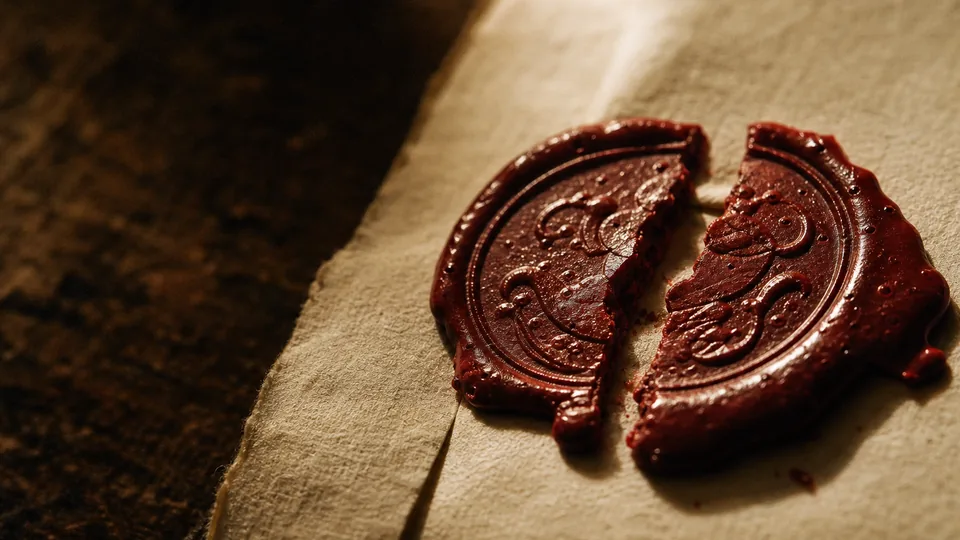 A dark red wax seal stamped with an ornate design lies cracked in two pieces on a sheet of aged paper in warm light.