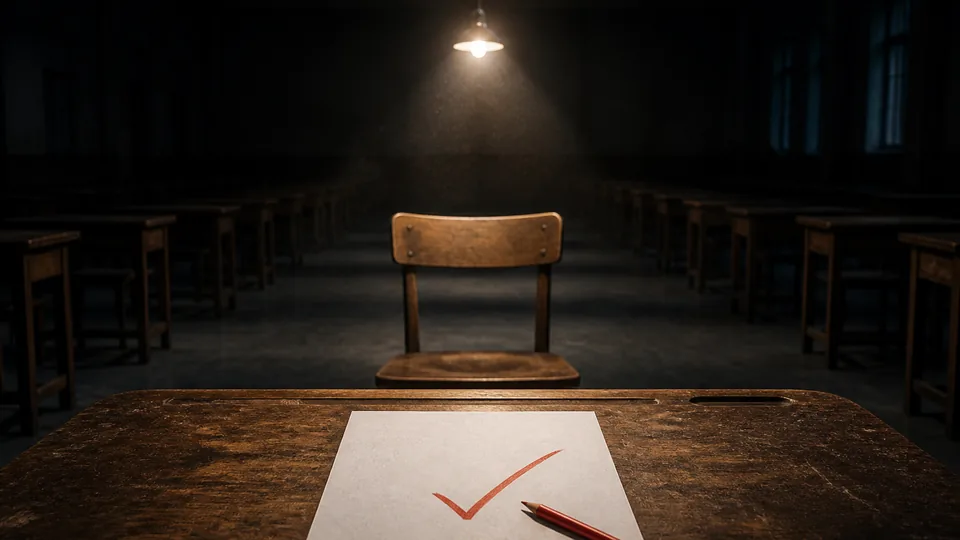 A single hanging lamp lights an empty wooden chair facing a desk that holds a paper marked with a large red checkmark and a red pencil, in a dark classroom.