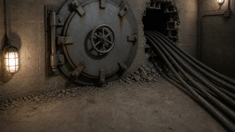 A large circular metal vault door with a spoked wheel handle stands closed beside a hole broken through a concrete block wall, with thick black cables running through it.