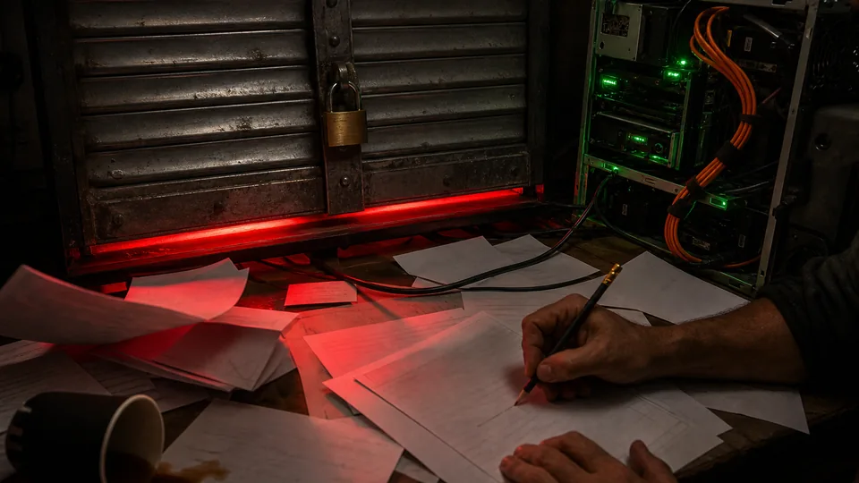 A hand writes on scattered papers beside a padlocked metal shutter glowing red underneath and a server rack with green lights and orange cables.