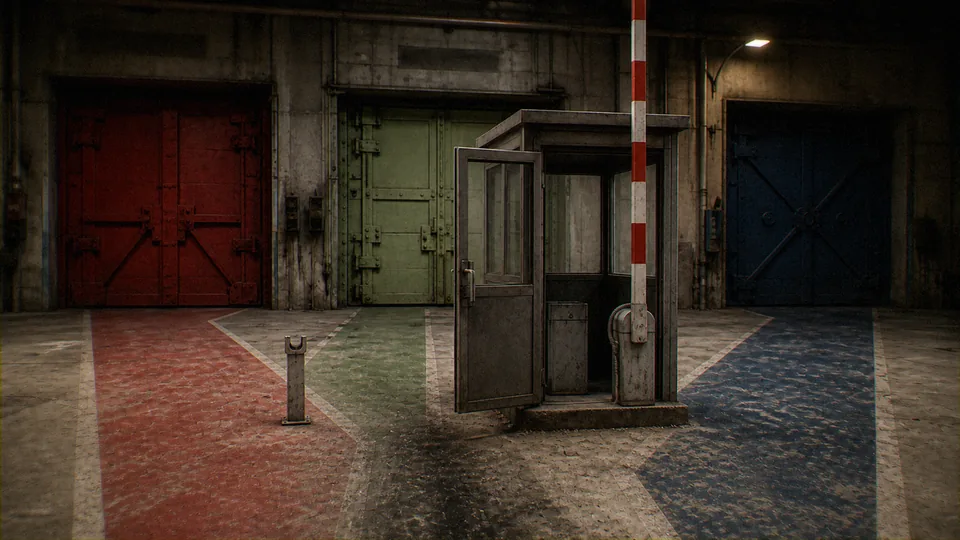 A small guard booth with a raised red-and-white striped barrier arm stands before three industrial metal doors painted red, green, and blue, with matching colored lanes on the concrete floor.