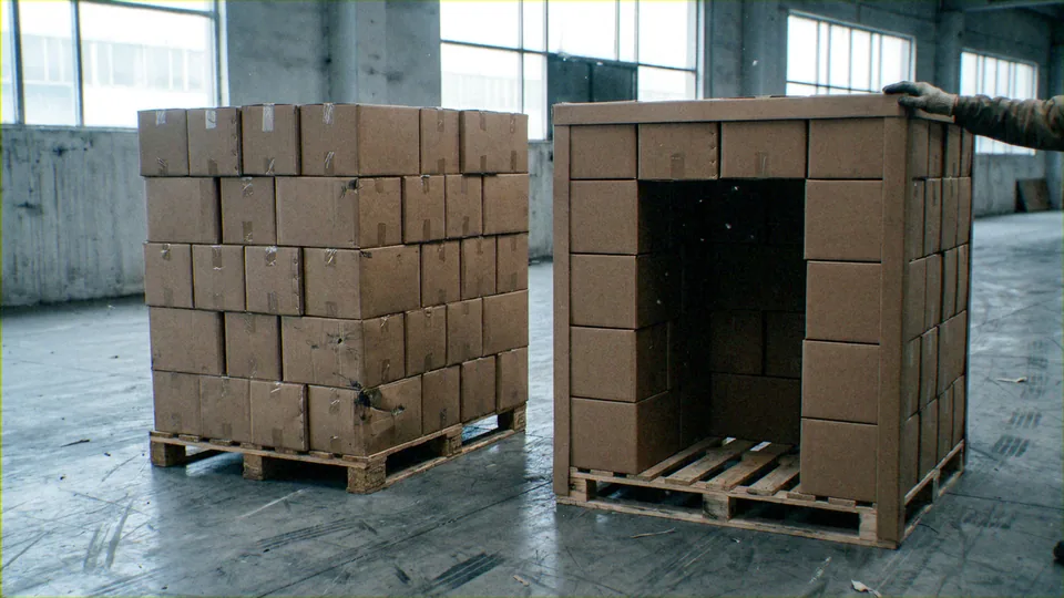 Two wooden pallets of identical plain brown cardboard cartons stand side by side on a scuffed concrete warehouse floor in flat daylight. The left pallet is stacked solid with cartons through its full depth. The right pallet is a single outer shell of the same cartons built around a hollow center, its dark empty interior and bare pallet slats visible through the opening, with a worker's hand resting on the top edge.