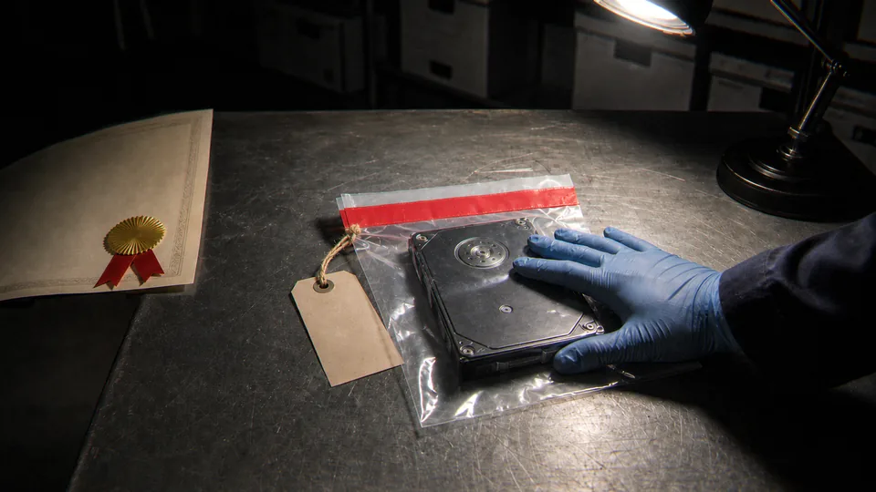 A blue-gloved hand touches a hard drive sealed in a plastic evidence bag with a blank tag, beside a certificate with a gold seal and red ribbon, under a lamp.