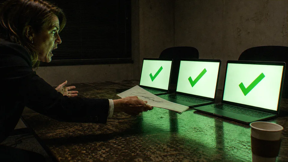 A woman in a dark blazer sits at a dim table, mouth open and papers in hand, facing three laptops whose screens each glow with a large green checkmark.
