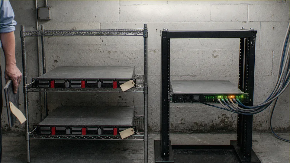 Two identical rackmount AI servers lie sealed with red tape and paper tags on a steel shelf in a bare utility room, dark and unplugged, while a third identical unit runs in the open rack beside them with green and amber status lights and a bundle of network cables leaving the frame.