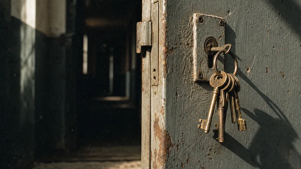 A ring of old skeleton keys hangs from the keyhole of a weathered metal door standing open onto a dim corridor.