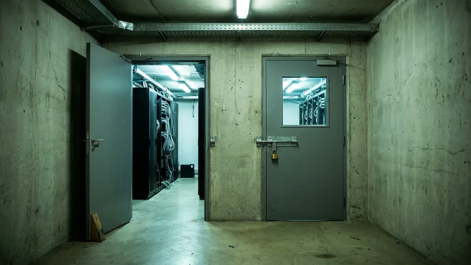 Two identical grey steel doors in a bare concrete corridor: the left one propped open with a wooden wedge onto a lit room of black server racks, the right one shut and secured by a steel hasp and brass padlock, its small wired-glass window showing the same racks behind it.