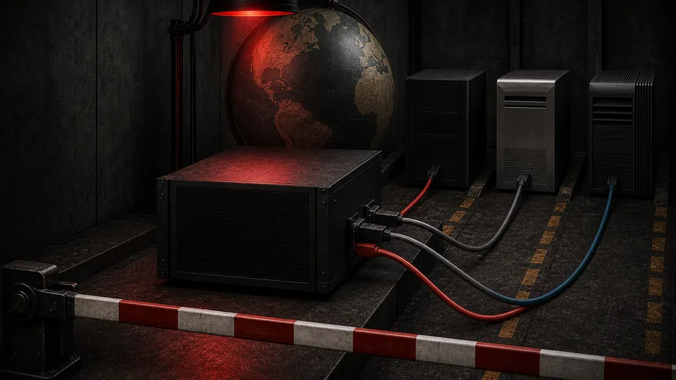 Three distinct model-provider modules connect to one orchestration server behind a lowered border checkpoint arm, with a globe under a red inspection lamp.